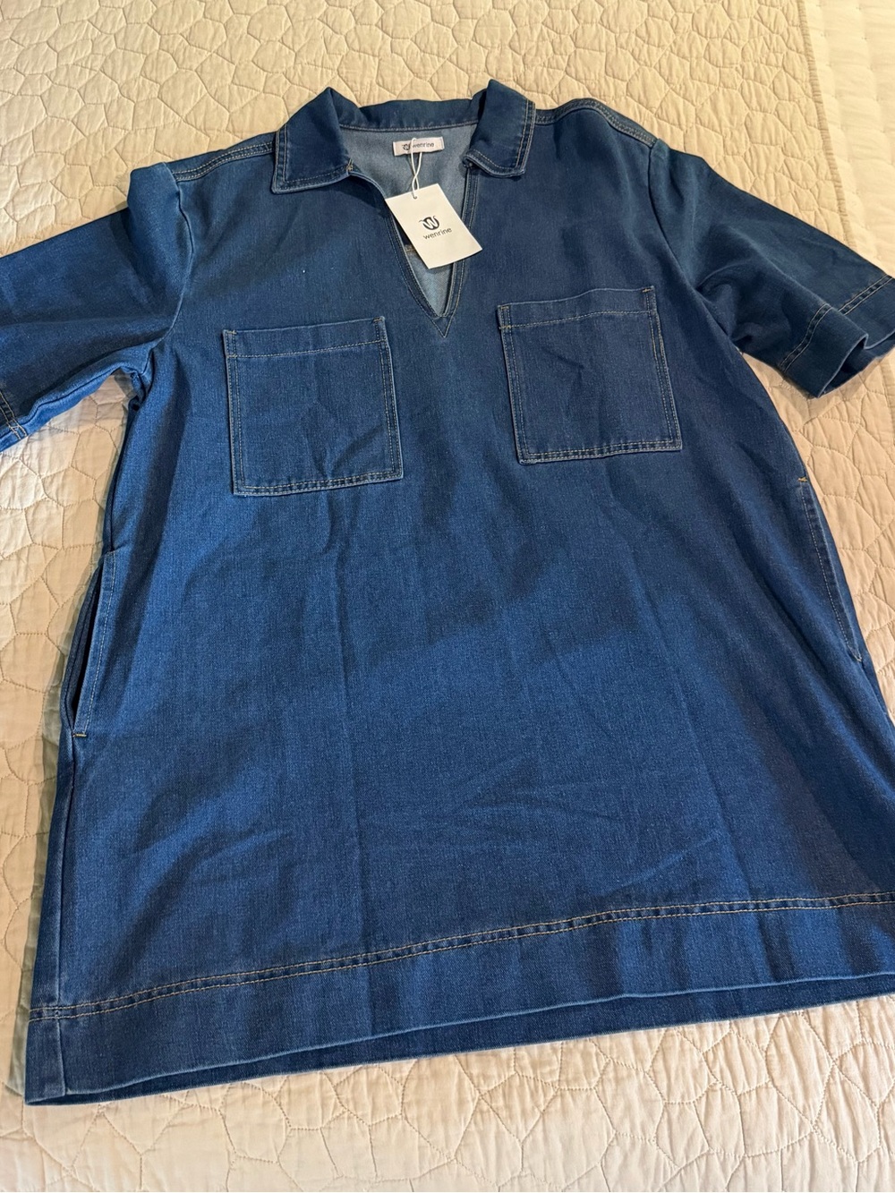 Denim-Style Mini Dress with Patch Pockets - Dark Blue